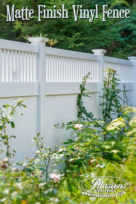 New Fence Ideas. Matte Finish PVC White Vinyl Fence by Illusions Vinyl Fence Looks Like Painted Wood Fence Without the Shine. #fenceideas New Fence Ideas, Painted Wood Fence, Staining Wood Fence, Vinyl Picket Fence, White Vinyl Fence, Vinyl Privacy Fence, Pvc Fence, White Fence, Fence Styles