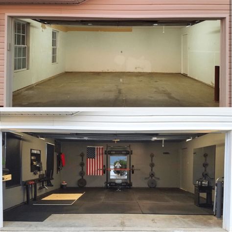 Workshop And Gym Garage, Budget Garage Gym, Gyms In Garage, 2 Car Garage Home Gym, Garage Gym Accent Wall, Garage Crossfit Gym Ideas, 2 Car Garage Gym Ideas, Garage Gym Makeover Ideas, Turning Garage Into Gym