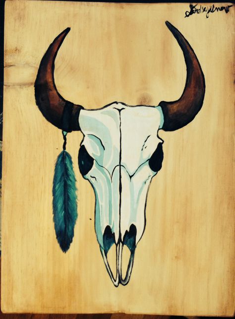 Acrylic painting of a bull skull on a scrap piece of wood Steer Skull Painting, Bull Skull Painting Canvas, Cow Skull Painting On Canvas, Bull Head Painting, Bull Skull Painting, Easy Western Paintings, Western Painting Canvas, Western Painting Ideas, Joker Art Drawing