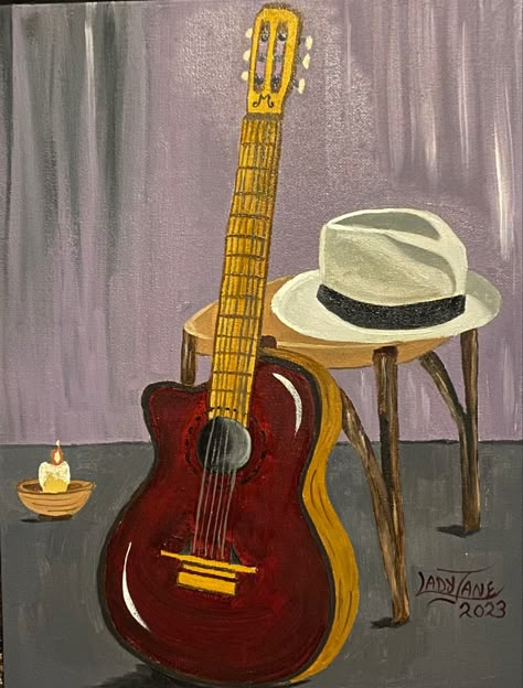 Oil on Canvas Guitar Painting On Canvas, Sunset Paintings, Painted Gifts, Guitar Painting, Sunset Painting, Diy Canvas Art Painting, Painting Gift, Mini Canvas Art, Mini Canvas