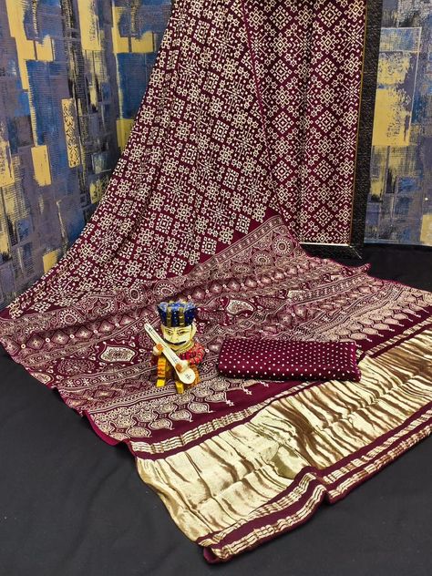 Buy Pure Gaji Silk Bandhani Saree With Lagdi Patta Saree Bandhej Online in India - Etsy Lagdi Patta Saree, Gaji Silk Bandhani Saree, Bandhej Saree, Thanks For The Gift, Bandhani Saree, Silk Dupatta, Saree Look, Pure Silk Sarees, Sarees Online