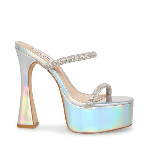 Pink Metallic Heels, Stone Clothes, Rhinestone Shoes Heels, Holographic Heels, Steve Madden Store, Pink Men, Designer Sandals, Womens Heels, Platform Sandals