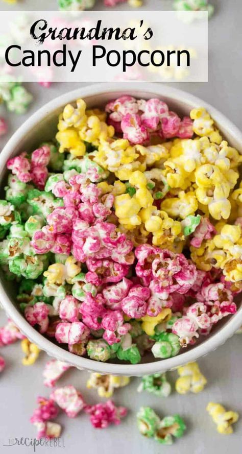 Candy Popcorn Recipe, Colorful Popcorn, Gourmet Popcorn Recipes, Flavored Popcorn Recipes, Popcorn Recipes Easy, Colored Popcorn, Easy Holiday Treats, Sweet Popcorn, Popcorn Treats