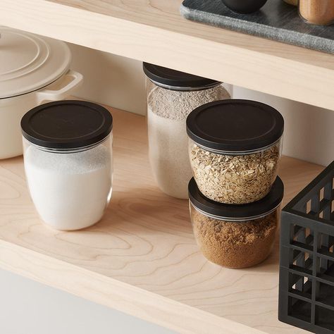 Marie Kondo Ink Black Modular Glass Canisters | The Container Store Glass Containers With Lids, Spice Organization Drawer, Ceramic Canisters, Glass Countertops, Glass Spice Jars, Small Pantry, Glass Canisters, Marie Kondo, Kitchen Food Storage