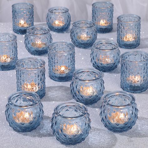 PRICES MAY VARY. [ Choice for Wedding Shower ]: DARJEN Blue candle holders are so perfect for your wedding shower. This blue color is subtle and sheer, the glass reflects the light from the candle in such a pretty way. They bring a romantic and joyful glow to your party, creating a beautiful atmosphere for you and your guests. Whether it is decorative or gift for wedding shower, they are your best choice. [ Unique Diamond Textured Style ]: This is the spark collision of noble and simple fashion. Greek Theme Wedding Decoration, Dusty Blue Decorations Wedding, Blue Glass Plates Table Setting, Water Wedding Decor, Nautical Wedding Inspiration Table Decor, Blue And White Tea Party Decor, Sea Blue Wedding Theme, Light Blue Outdoor Wedding, Pastel Blue Wedding Decorations