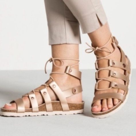 Papillio Brand By Birlenstock. Semi Gladiator Style Sandals Is Frosted Metallic Rose Color. All Leather And Leather Straps. Birkenstock Shoes, Rose Color, Women's Sandals, Gladiator Sandals, Custom Fit, Women's Shoes Sandals, Birkenstock, Leather Straps, Womens Sandals