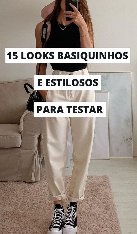 Foto: ameliecheval31 - Confira ideias de looks simples de montar que garantem um resultado estiloso. Looks com peças casuais que combinadas geram produções descoladas como esta com regata preta, calça caqui de alfaiataria e tênis all star preto de plataforma de cano médio. Outfit Simple Casual, Simple Cute Outfits, Outfit Ideas Basic, All Star Outfit, Looks Com All Star, Looks Com Short, Simple Style Outfits, Stylish Work Outfits, Women's Casual Style