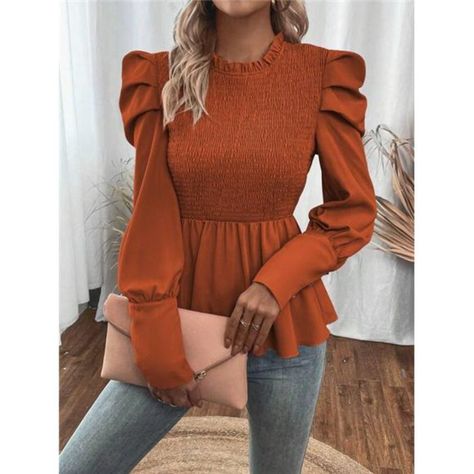 -Color: Brown -Style: Boho -Pattern Type: Plain -Type: Peplum -Neckline: Stand Collar -Sleeve Length: Long Sleeve -Details: Ruffle Hem, Button, Shirred -Sleeve Type: Leg-Of-Mutton Sleeve -Hem Shaped: Flared -Length: Regular -Fit Type: Slim Fit -Fabric: Non-Stretch -Material: Woven Fabric -Composition: 100% Polyester -Care Instructions: Machine Wash Or Professional Dry Clean -Sheer: No S = 2/4, M = 6/8 L=10/12 0x=12 1x=14 2x=16 3x=18 4x=20 Ships In 7-10 Days Boho - Wedding - Chic - Glam - Modern Shirred Sleeve, Puffy Sleeves Blouse, Mutton Sleeve, Glam Modern, Polished Casual, Leg Of Mutton Sleeve, Brown Style, Boho Patterns, Couture Runway