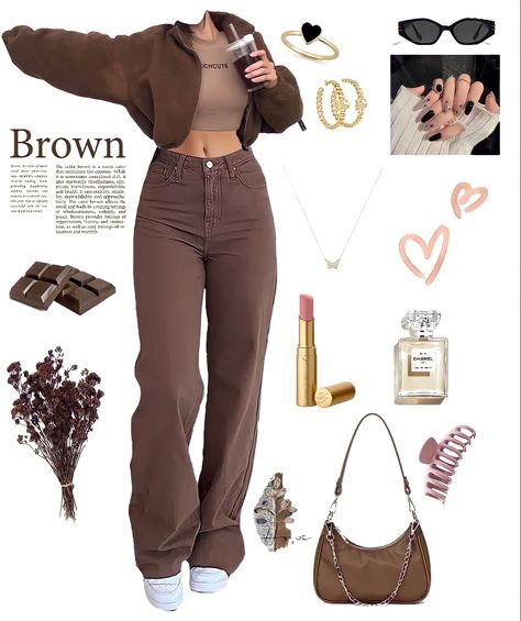 Brown Aesthetic Winter Outfit, Brown Aesthetic Dress Outfit, Outfits With Brown Pants Aesthetic, Brown Closet Aesthetic, Brown 90s Outfit, Chocolate Brown Monochromatic Outfit, Black Women Brown Outfits, Chocolate Jeans Outfit, Brown Outfit Inspo Aesthetic