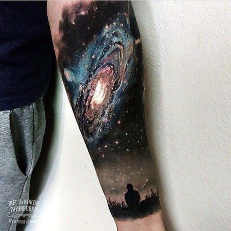 Space Tattoos Realism, Galaxy Tattoo Ideas Universe, Galaxy Tattoo Sleeve Black And White, Space Sleeve Tattoos For Guys, Black Galaxy Tattoo, Space Tattoo Ideas For Men, Black Wrist Tattoo, Night Sky Tattoo Sleeve, Galaxy Sleeve Tattoo