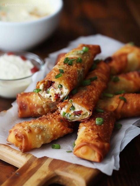 Savor The Burst Of Flavors With Bacon Jalapeño Popper Eggrolls - My Home Made Recipe Bacon And Egg Roll, Spicy Bacon, Bacon Jalapeno Poppers, Food To Try, Poppers Recipe, Stuffed Jalapenos With Bacon, Baked Bacon, Egg Roll Recipes, Best Appetizer Recipes