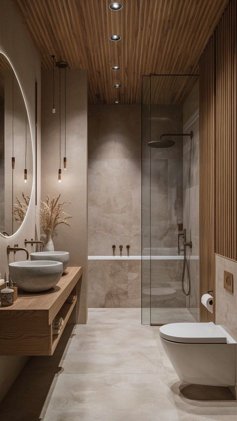 13 Earth Tone Bathroom Ideas for a Natural Look – Balanced Home Living Modern Elegant Bathroom Ideas, 1.5 Bathroom Ideas, Natural Element Bathroom, Beige Brown Bathroom Ideas, Neutral Bathrooms Earth Tones, Organic Natural Bathroom, Brown Tone Bathroom Ideas, Earthy Tones House Interior, Earthy Ensuite