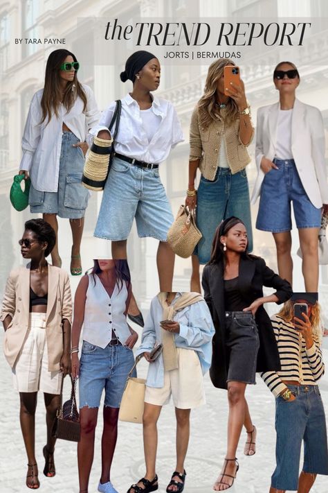 Trend Report : Bermuda Shorts | Jorts Outfit Summer Holiday Street Style, Trendy Denim Shorts, Style Bermuda Shorts Women, High Waisted Bermuda Shorts, Bermuda Jeans Shorts Outfit, How To Style Denim Bermuda Shorts, Summer 2024 Shorts Outfit, Shorts Business Casual Outfits, Casual Outfit Summer 2024