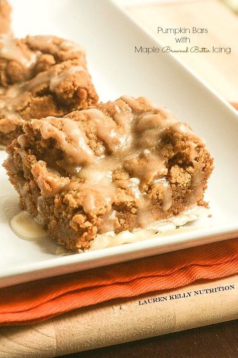 Pumpkin Bars with Maple Browned Butter icing | Lauren Kelly Nutrition Butter Icing Recipe, Lauren Kelly, Pumpkin Fudge, Pumpkin Snickerdoodles, Pumpkin Treats, Christmas Turkey, Maple Butter, Pumpkin Desserts, Butter Icing