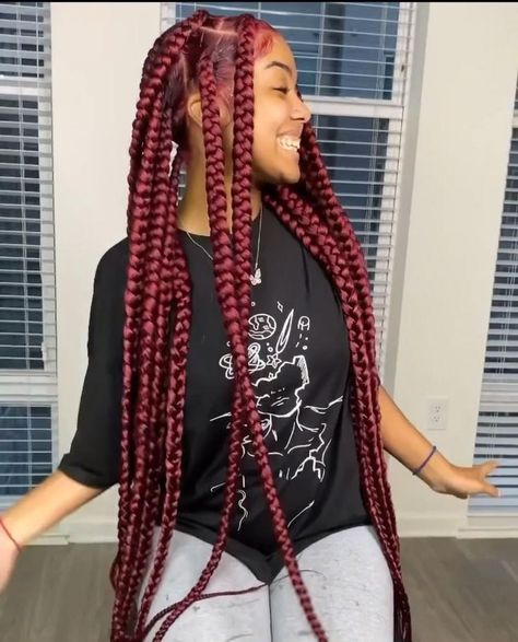 Medium Red Box Braids, Burgundy Large Knotless Braids, Red Coi Leray Braids, Red Jumbo Knotless Box Braids, Red Jumbo Braids, Burgundy And Blonde Box Braids, Maroon Box Braids, Jumbo Box Braids With Color, Jumbo Knotless Box Braids With Color