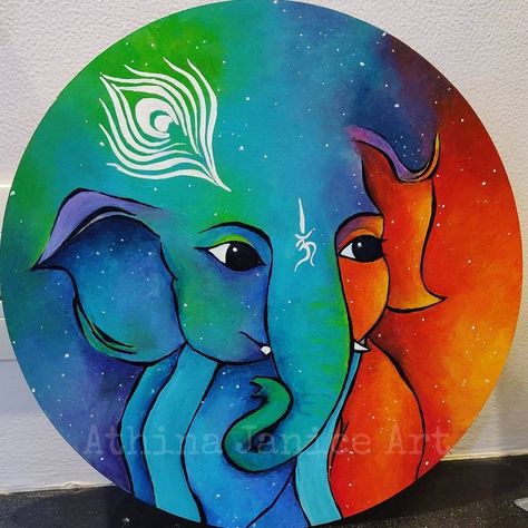 Creative Acrylic Painting Ideas, Rangoli Designs Of Ganesha, Rangoli Krishna Designs, Rangoli Design With Paint Color, Rangoli Of God, Ganapati Painting Easy, Krishna Rangoli Designs Creativity, Simple Color Rangoli Designs, Elephant Rangoli Design