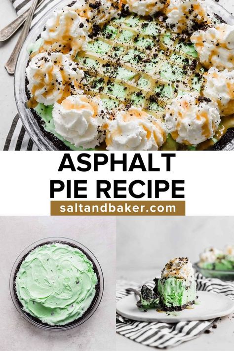 This asphalt pie is a delicious ice cream pie with a sweet, crunchy Oreo cookie pie crust, cold mint chocolate chip ice cream, drizzled with rich caramel sauce and topped with fluffy whipped cream and Oreo cookie crumbs! It tastes just like the Winger’s asphalt pie recipe — trust me, you’re going to love it! This is one of my favorite spring dessert ideas. Asphalt Pie, Oreo Cookie Pie Crust, Mint Chocolate Chip Ice Cream Pie, Oreo Crust Recipe, Oreo Cookie Pie, Pie Filling Desserts, Mint Pie, Favorite Pie Recipes, Homemade Pie Crust Recipe