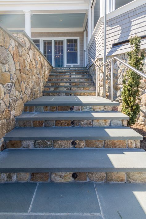 Blue Stone Steps Entrance, Cobblestone Stairs, Backdoor Steps To Patio, Front Porch Stone Steps, Front Pathway, Exterior Steps, Stone Railings, Natural Stone Steps, Bluestone Steps