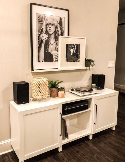 Record Table Ideas, Console Table With Record Player, Living Room Record Storage, Record Table Aesthetic, Record Area Ideas, Record Player Organization, Record Player Dresser, Record Station Ideas, Vinyl Corner Living Room