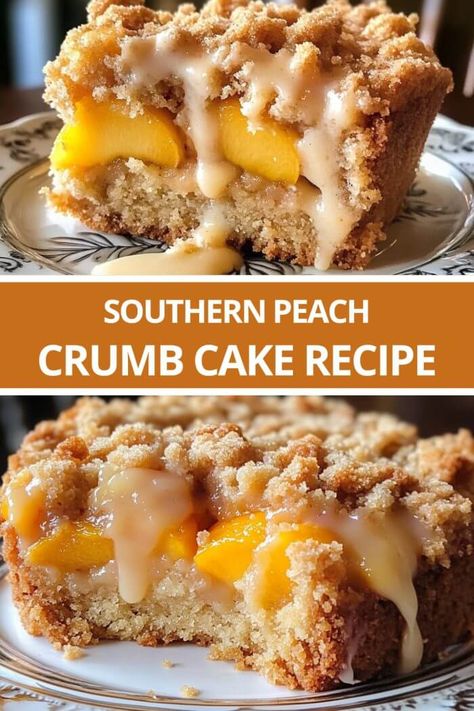 Southern Peach Crumb Cake Recipe Southern Peach Crumb Cake Recipe, Desserts To Make With Peaches, Brown Butter Peach Crumb Cake, Peach Cobbler Coffee Cake, Brown Butter Peach Cake, Fresh Peach Crumb Bars, Easy Peach Cake 3 Ingredients, Desserts Made With Fresh Peaches, Peach Breakfast Cake