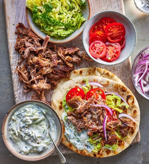 Pulled Pork Gyros, Greek Pulled Pork, Gyro Station, Pork Gyros Recipe, Gyros Pita, Pork Gyros, Gyros Recipe, Lamb Gyros, Gyro Recipe