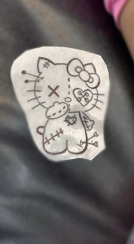 Pacifier Tattoo, Stick And Poke Tattoo Hello Kitty, Tattoo Ideas Female Hip, Hello Kitty With Knife Tattoo, Hello Kitty Lower Back Tattoo, Cute Behind The Ear Tattoos For Women, Name Tattoo Cover Up Ideas, Cute Cover Up Tattoos For Women, Tattoo Designs Hello Kitty