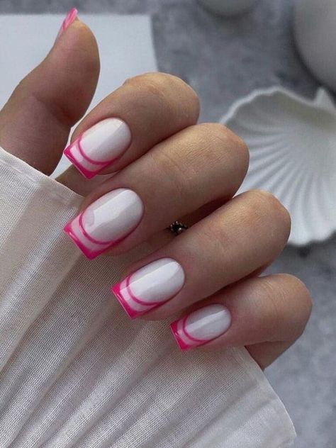 Hot pink double lines on milky short acrylics Pink French Tip Nails, Pink Tip Nails, Pink French Tip, Pink French Nails, Glitter Accent Nails, Unghie Nail Art, Milky Nails, Pink Manicure, Pink French