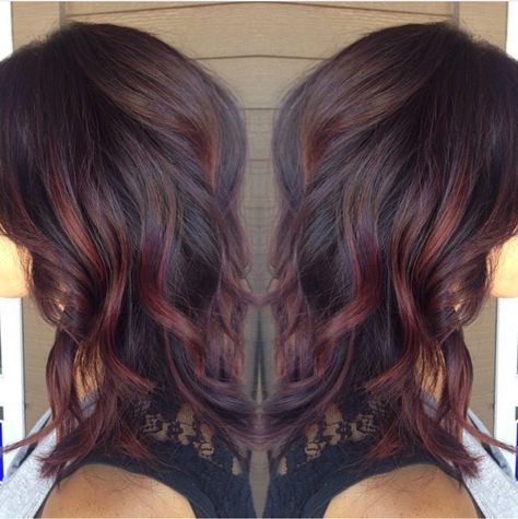 Mulbury Hair Color, Burgendy Highlights, Burgundy Lowlights In Brown Hair, Dark Hair Red Highlights, Brown Hair With Silver Highlights, Burgundy Brown Hair, Auburn Hair With Highlights, Balyage Long Hair, Spring Hair Color Trends