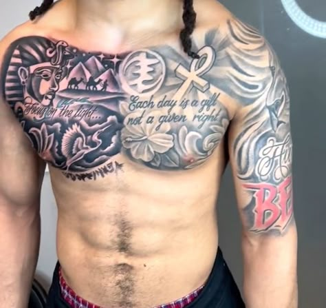 Half Chest Piece Tattoos Mens, Creative Chest Tattoos For Men, Chest Sleeve Tattoo Men, Men Chest Tattoo Ideas Unique, Half Chest Tattoo Men Ideas, Chest Piece Tattoos Mens, Chest Tattoo Men Ideas, Egypt Tattoo Design, Black Men Tattoos