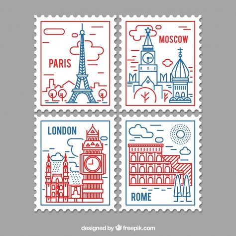 Selection of city stamps in linear style Free Vector International Poster Design, Passport Stamps Aesthetic, Stamp Design Ideas, طوابع بريد, Design City, Postage Stamp Design, طابع بريدي, Post Stamp, Photos Hd