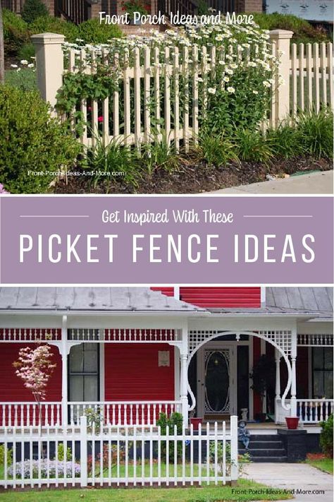 Picket fences can be used in many ways, everything from front traditional fencing to making decorative items for your front porch, yard and home. Get inspired with our picket fence ideas! #porchideas #picketfence House With Picket Fence Front Yards, Front Picket Fence Ideas, Short Picket Fence Ideas, White Picket Fence Front Yard Cottage, Cedar Picket Fence Ideas, Fence Around Porch, Small Fence Front Yard, Small Picket Fence Ideas, Short Fence Ideas Front Yards