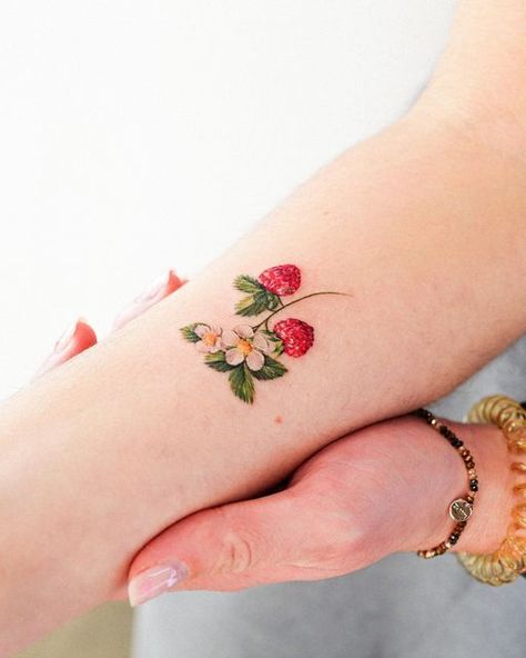 Dainty Raspberry Tattoo, Strawberry Tattoos Small, Red Ink Strawberry Tattoo, Wild Strawberries Tattoo, Strawberry Blossom Tattoo, Wild Strawberry Tattoo, Strawberry Flower Tattoo, Cute Strawberry Tattoo, Strawberries Tattoo