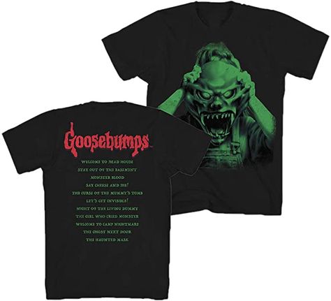 Amazon.com: Goosebumps Men's The Haunted Mask With Book List Front and Back Design T-Shirt : Clothing, Shoes & Jewelry Goosebumps Shirt, Shirt Halloween Costumes, Horror Mask, Horror Masks, Horror Fiction, T Shirt Image, Kid Character, Book List, Fiction Novels