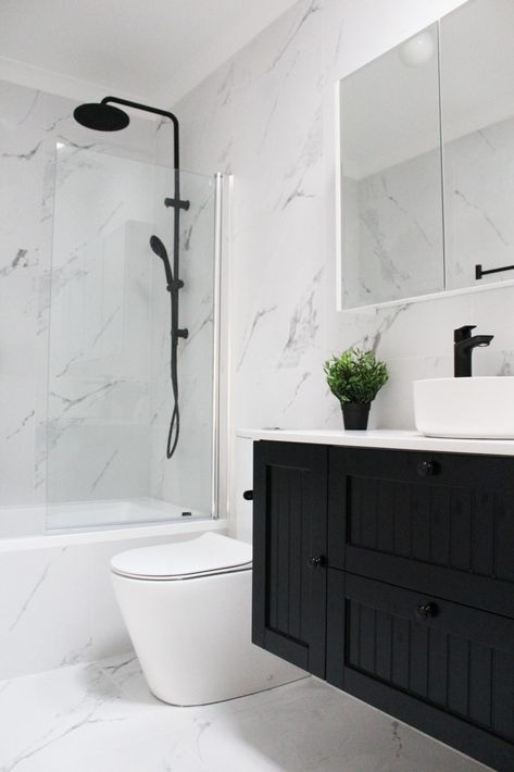 Shower Bath Ideas, Shower Tapware, Bathrooms Marble, Bathroom Shower Bath, House Upstairs, Black Tapware, Ensuite Ideas, Freestanding Baths, Black Tile Bathrooms