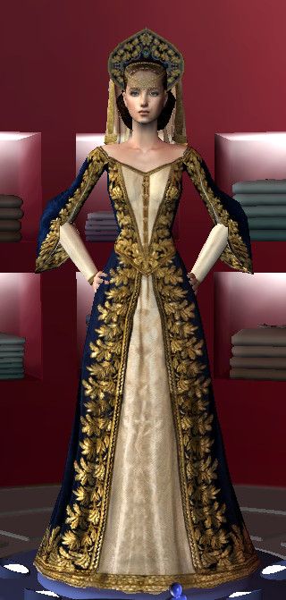 Medieval Clothing Drawing, Gold Dress Aesthetic, Russian Princess, Russian Dress, Russian Royalty, Royal Monarchy, Blue And Gold Dress, Royalty Dress, Royalty Fashion