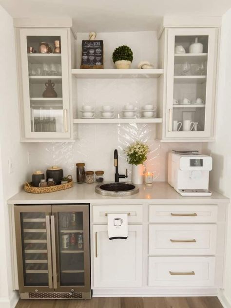 5 Wet Bar Designs to Fulfill your Holiday Entertaining Dream Built In Wet Bar Kitchen, Wet Bar In Hallway, Tiny Wet Bar Ideas, Two Tone Wet Bar, Hallway Wet Bar, Kitchen Beverage Bar, Wet Bar Next To Fireplace, French Country Wet Bar, White Wet Bar Ideas