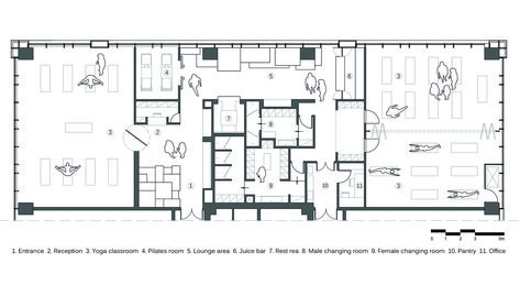 Gallery of Yoga Studio / Kostas Chatzigiannis Architecture - 25 Yoga Room Architecture, Dance Studio Plan Architecture, Yoga Building Architecture, Yoga Studio Layout Plan, Gym Floor Plan Commercial, Fitness Center Floor Plan, Yoga Architecture Design, Pilates Studio Floor Plan, Yoga Studio Architecture