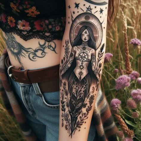 Witchy Aesthetic Tattoo, Witchy Tattoo Sleeve, Occult Tattoos, Icon Wallpaper Aesthetic, Wicca Tattoo, Witchy Tattoos, Biomechanical Tattoo Design, Nature Tattoo Ideas, 2024 Tattoo