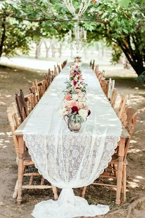 cheap boho decor bohemian long table with vintage chairs and lace tablecloth oly photography Cheap Boho, Cheap Wedding Decorations, Decor For Wedding, Rustic Wedding Decorations, Bohemian Style Wedding, Stella York, Wedding Inspiration Summer, Boho Chic Wedding, Boho Wedding Decorations