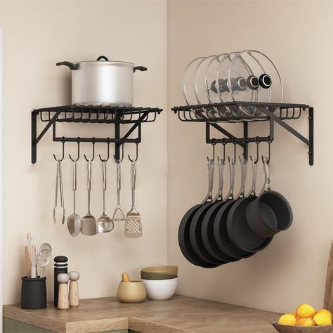 PRICES MAY VARY. 【2 Piece Set Upgraded Hooks】 Our pot lid rack is 2pcs as a set, total with 12 moveable hanging hooks. 17 inches long X 12.5 inches wide X 7 inches high. There is enough storage place for even the most enthusiastic culinary lovers, you could fit a lot of stuff on it! 【Strong Construction & Multi-function】Thick wrought- iron will not get out of shape when holding heavy weight cookwares, advantage paint-coat ensures a 100% rustproof as well as resist daily scrapes. Besides kitchen Baking Pans Storage, Pan Storage, Pot Racks, Pot Rack Hanging, Small Kitchen Organization, Storage Place, Pot Hanger, Kitchen Corner, Storage Places