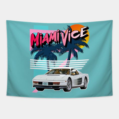 Retro Miami Vice 80s Tribute -- Choose from our vast selection of tapestries to match with your desired size to make the perfect custom tapestry. Pick your favorite: Movies, TV Shows, Art, and so much more! Available in small, medium, large. Perfect for decorations in apartments, bedrooms, and dorm rooms. Miami Vice Party Invitation, Miami Vice Party, Miami Vice Theme, 80s Miami, Retro Miami, Miami Vice, Tapestry Design, Custom Tapestry, Apartments Bedrooms