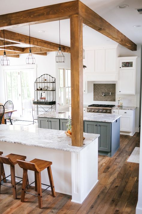 TEM Photography Kitchen With Beams In Island, Kitchen Island With Wood Columns, Kitchen Island Into Living Room, Open Concept Kitchen Dining Living Room Split Level, Kitchen Islands With Beams, Pine Island Kitchen, Column Kitchen Island, Case Opening Kitchen, Beam In Kitchen Island