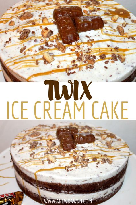 Twix Ice Cream Cake Recipes, Easy Twix Cake, Twix Ice Cream Cake, I’ve Cream Cake Recipes, Ice Cream Desserts Recipes, Twix Cake Birthday, Twix Desserts, Twix Dessert Recipes, I’ve Cream Cake