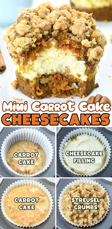 Indulge in the ultimate dessert fusion with these mouth-watering Mini Carrot Cake Cheesecakes! Each bite combines the warm spices of classic carrot cake with the smooth, rich decadence of cheesecake, all topped with a buttery streusel crumb. Perfect for parties, these individual treats will dazzle your guests and satisfy those carrot cake cravings. #CarrotCakeCheesecakes #MiniDesserts #CheesecakeLovers #BakingMagic via @https://www.pinterest.com/omgchocodessets/ Mini Carrot Cake Cheesecake Recipes, Carrot Cheesecake Bundt Cake, Mini Carrot Cheesecake, Carrot Cheesecake Muffins, Carrot Cake Treats, Cheesecake Stuffed Carrot Bundt Cake, Mini Carrot Cake Cheesecake, Carrot Cake Desserts Easy, Individual Carrot Cake Desserts