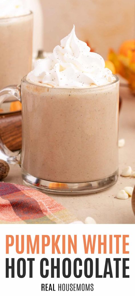 Stay cozy and warm this fall with homemade Pumpkin White Hot Chocolate, made with creamy pumpkin puree, sweet chocolate, and fall spices! #Realhousemoms #pumpkin #hotchocolate #creamy #pumpkinpuree #fallspices #fallweather #thanksgivingdrinks #hotdrinks #drinks #fall #thanksgiving #halloween Pumpkin White Hot Chocolate, Hot Fall Drinks, Pumpkin Hot Chocolate, Crockpot Hot Chocolate, Pumpkin Drinks, Hot Drinks Recipes, Thanksgiving Drinks, Hot Chocolate Drinks, White Hot Chocolate