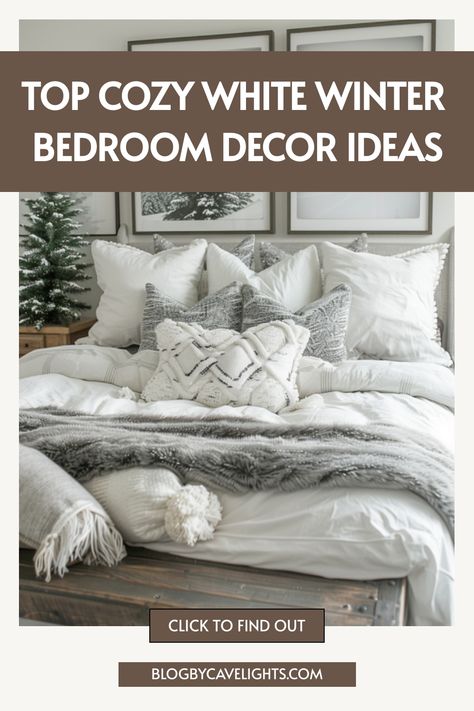 ❄️🌿 Bring the beauty of winter indoors with our tips on creating a cozy bed aesthetic with white bedroom inspirations. See how simple touches can transform your space into a seasonal wonderland. Check it out and get inspired! Winter White Bedding, Winter Wonderland Christmas Bedroom, Christmas Decoration Ideas For Bedroom, White On White Bedding, Winter Bedding Layers, Winter Bedding Cozy Bedroom, Christmas Bedroom Ideas Cozy, White Christmas Bedding, Winter Bedroom Decor Cozy