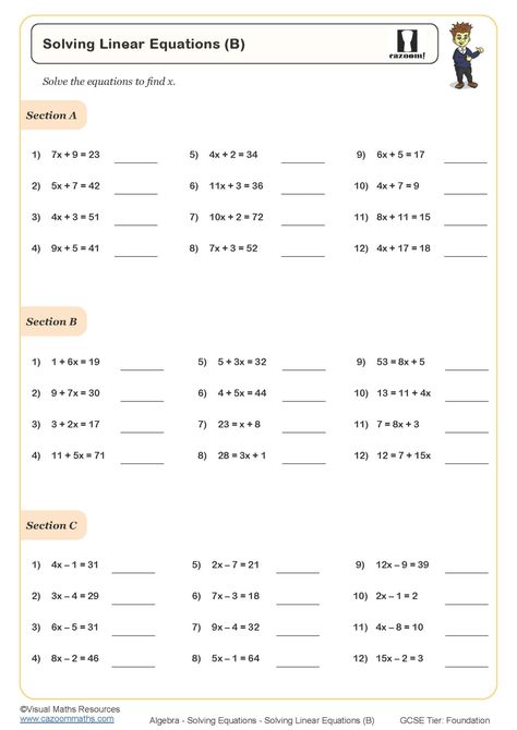 Solving Linear Equations (B) Worksheet | Printable PDF Worksheets Solving Linear Equations Worksheet, Quadratic Equations Worksheets, Ks3 Maths Worksheets, Year 7 Maths Worksheets, Year 7 Maths, Linear Equations Worksheet, Algebra Equations Worksheets, 9th Grade Math, Equations Worksheets