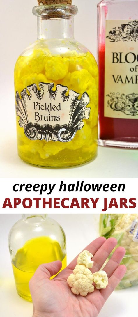 How to make Creepy Halloween Apothecary Jars like "pickled brains" and "blood of vampire" - comes with free printables! Fun craft DIY to do with kids this fall and Halloween! Diy Brains Halloween, Potion Jars Diy, Halloween Jars Ideas, Diy Halloween Jars, Spooky Apothecary, Diy Potion Bottles, Diy Potions, Halloween Mason Jars Diy, Diy Halloween Apothecary Jars