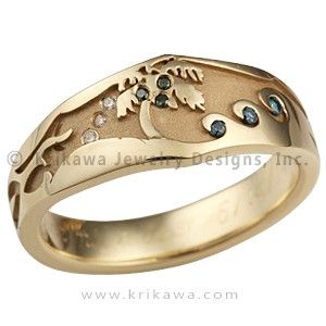 Beach Wedding Ring in Yellow Gold - This custom wedding ring has a seascape inspired by the client's love for the ocean and beach.  The tapered band has a gem-encrusted palm tree and waves on top, and a wave pattern that continues around the ring. - This ocean ring was cast in yellow gold. Wedding Bangs, Beach Wedding Ring, Wave Wedding Band, Custom Wedding Ring, Ocean And Beach, Ocean Ring, Handcrafted Engagement Ring, Custom Wedding Band, Custom Wedding Rings