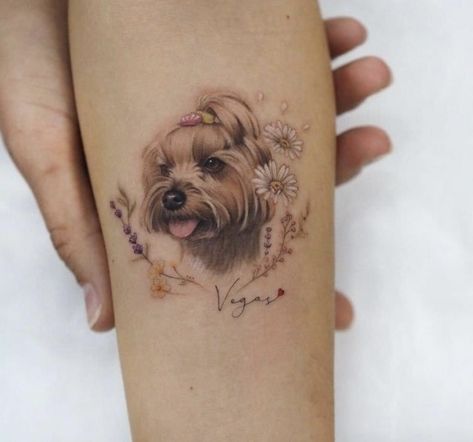 Yorkie Memorial Tattoo, Microrealism Dog Tattoo, Small Yorkie Tattoo, Dog Tattoo Yorkie, Dog Forearm Tattoo, Dog Portrait Tattoo Flowers, Yorkie Tattoo Ideas, White Dog Tattoo, Muffin Tattoo